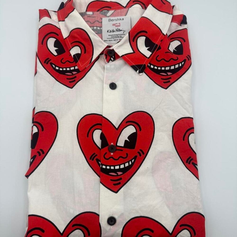 Bershka Keith Haring red heart with smiling face pattern button up shirt Size XL